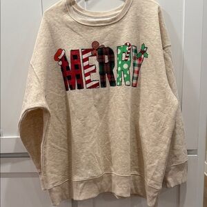 NWT “MERRY” sweatshirt size XXL (20) for Christmas. Tan oversized sweatshirt.